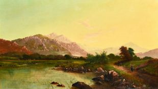 Attributed to Edwin Henry Boddington (1836-1905) British, figures walking on a hillside lake at