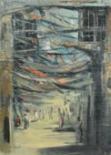 Faraj Abbo (1921-1984) Iraq, Figures on a street covered with bunting and flags, oil on canvas,