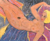 Kanwaldeep Singh Kang, signed Nicks (1964-2007) British, A blond female nude reclining, oil on