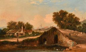 19th Century, An extensive landscape, figures near a large stone bridge over a river near an inn,