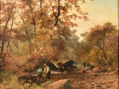 Thomas Creswick (1811-1869) British, A wooded landscape with two figures standing a rocky stream