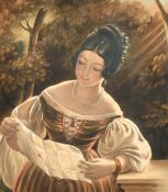 Circle of Charles Baxter, an elegant lady reading a letter with trees beyond, watercolour, 10