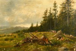 19th Century Continental School, Deer on a hillside by a forest edge, oil on canvas, indistinctly