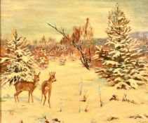 Wilhelm (Willi) Lorenz (1901-1981) German, A winter landscape with two deer standing in snow