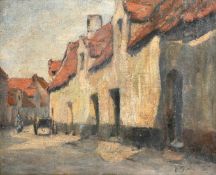 Frank Brangwyn (1867-1956) British, a Flemish street scene with a figure and a cart, oil on