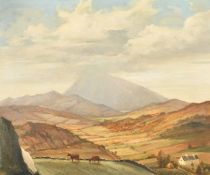 Ralph Ellis (20th Century), A valley with cattle and distant hills, oil on canvas, signed and