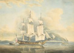 Attributed to Francis Swaine (1730-1782) British, A frigate at anchor possible off Gibraltar, and