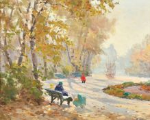 Ivan Shuedov (1919-1996) Russian, figures in a park, oil on board, signed, 13.5