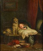 19th Century English School, a sleeping child being watched over by a dog, oil on canvas,