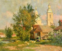 Vladimir Gusev (b. 1957) Russian, figures and chickens on the outskirts of a village, oil on canvas,