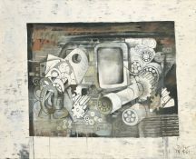 Dellor (20th Century) 'Luddite wrecking in a machine' oil on canvas, signed and dated '64, along