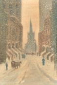 American School, Early 20th Century, A snowy street scene, oil on canvas, 20.5