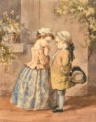 19th Century Continental School, young figures in shy conversation, watercolour, indistinctly