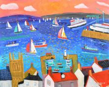Alan Furneaux (21st Century), Newlyn harbour from the rooftops with sailing boats and shipping