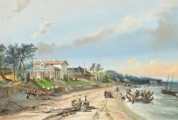 Colonial School, circa 1847, figures walking along a shore by a Governor's house, watercolour and