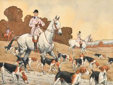 Circle of Cecil Aldin, A hunting scene, riders and hounds, ink and watercolour, initialled, and