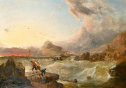 Mid-19th Century English School, figures salvaging timber from the sea at dusk with St Michael's