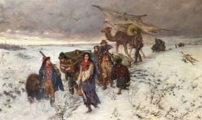 Circle of Alfred Kowalski, circa 1900, a travelling circus, figures and their camels traveling