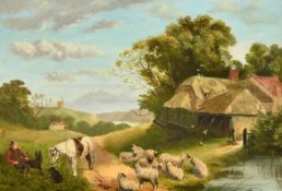 19th Century English School, a shepherd and his flock outside a thatched cottage, oil on canvas,