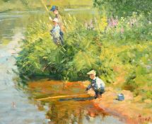 Vladimir Gusev (b. 1957) Russian, three boys fishing, oil on canvas, signed, 13