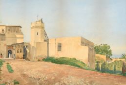 John Crowther (1837- c1902), Eastern scene, figures outside buildings, watercolour, indistinctly