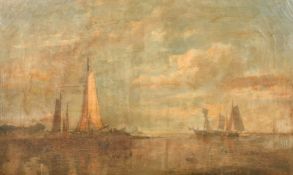 Abraham Hulk Snr (1813-1897) Dutch, A pair of marines, 'On the Scheldt', sailing boats off the