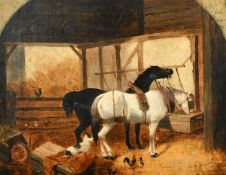 19th Century English School, a figure and horses in a vaulted barn, oil on canvas laid down, 11