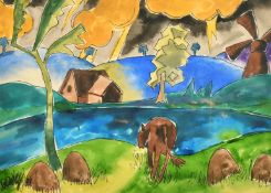 Modern British, A river scene with a horse, house and windmill, watercolour, indistinctly signed and