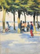 Attributed to Arthur Melville, elegant figures resting in the shade at a French resort, watercolour,