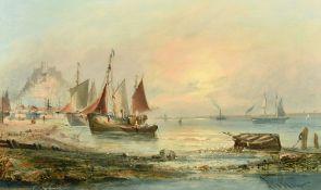 George Dodgson Callow (1829-1875) British, fishing boats moored before St. Michaels's Mount, oil