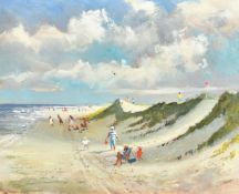 Roy P (20/21st Century), A summer beach scene with families picnicking and a couple walking a dog