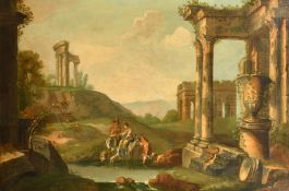 Manner of Claude Lorrain, A classical landscape with ruins and a couple resting their animals by