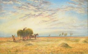 J. W. Oddie (19th/20th Century) British, figures gathering hay onto a cart at dusk, watercolour,