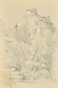 Circle of John Ruskin, A Continental village, pencil heightened with white, 10.5