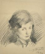 Manner of John Singer Sargent (20th Century), A head study of a young lady, charcoal, indistinctly