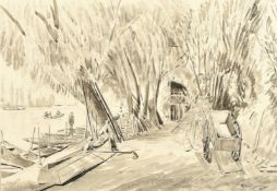 Karl Hagedorn (1889-1969), 'Thames Rowing Boats Under Repair', ink and wash, signed and dated