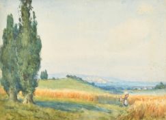 Walter Burroughs Fowler (1860-1930) British, A landscape view in Spain, a woman and child carrying