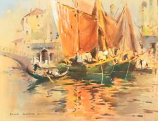 Frank Duffield (1901-1982) British, Moored sailing boats and a gondola on a Venetian canal,