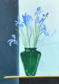 Douglas Watt, 'Irises' in a green vase, gouache on card, signed and inscribed verso, 22