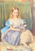 William Percy (19th Century) Portrait of a young girl seated with a doll, racquet and shuttlecock,