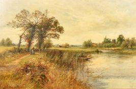 Henry John Kinnaird (fl.1880-1920) British, A river landscape in summer with figures on a path and
