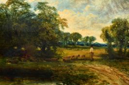 Attributed to James Price (act. 1842-1876) British, 'Near Chelmsford', a shepherd and his flock, oil