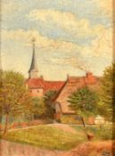 Late 19th Century, View from a garden with a thatched house, looking towards a church spire, oil