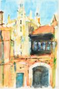 Philippa Jones, Medieval buildings, watercolour and gouache, signed, 21.75