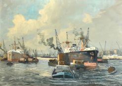 Early 20th Century Continental School, ships and barges on a busy city river, oil on canvas, 19.