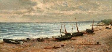 Albert Hodder (Late 19th Century) British, fishing boats moored along a beach with figures in the