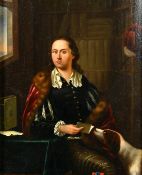 Manner of Gerrit Dou, circa 1800, a gentleman seated reading a note, a hound at his side, oil on oak