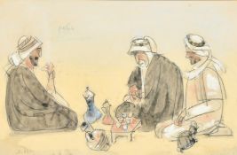 Middle Eastern School (20th Century) Three figures kneeling taking tea, pencil, watercolour and