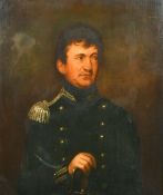 19th Century French, Portrait of a cavalry Lieutenant in uniform with hand on his sword, oil on