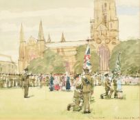Ken Howard (1932-2022) British, A gathering of armed forces and clergy, watercolour, dedicated and